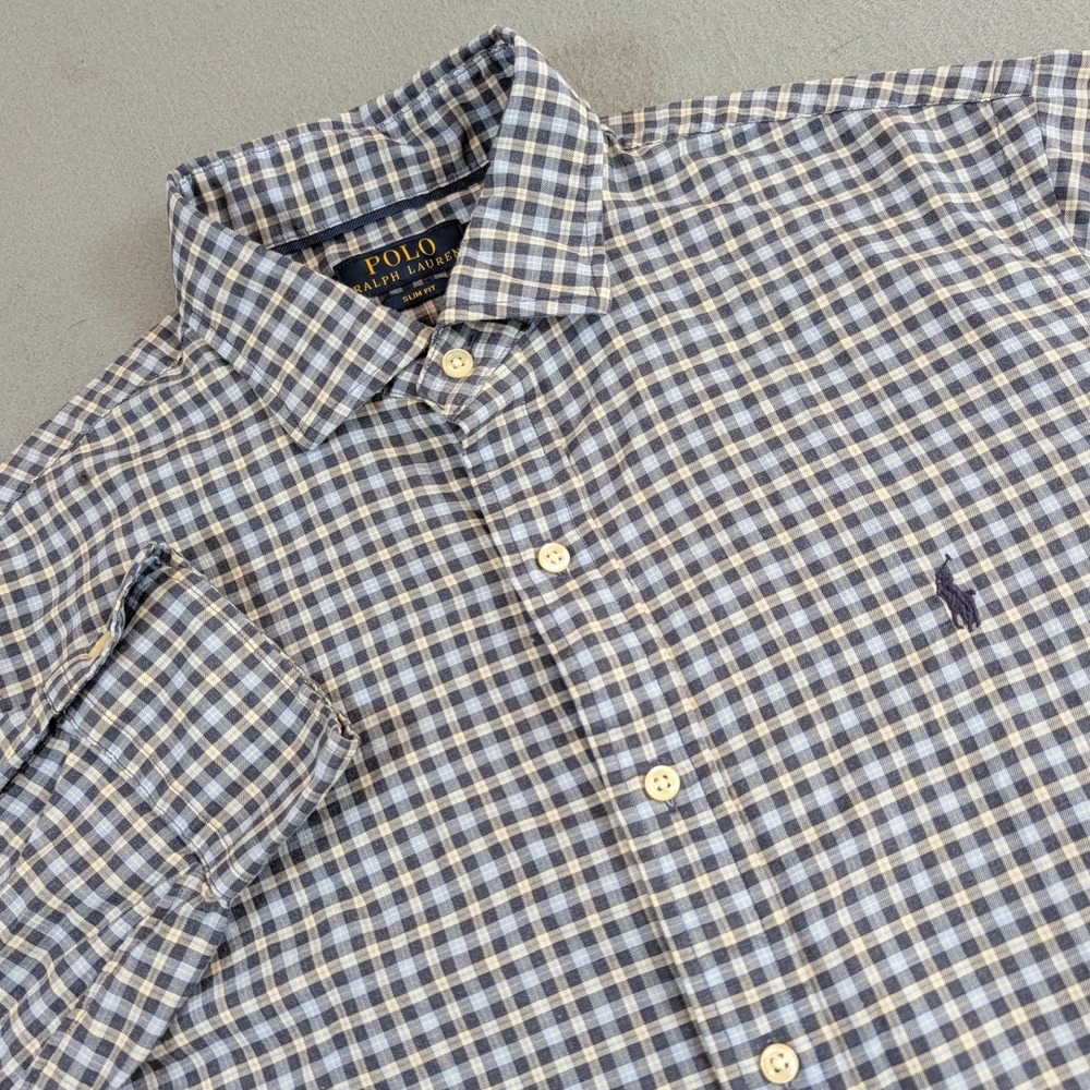 Polo Ralph Lauren Button Down Shirt Mens Large Slim Fit Check Pattern Casual